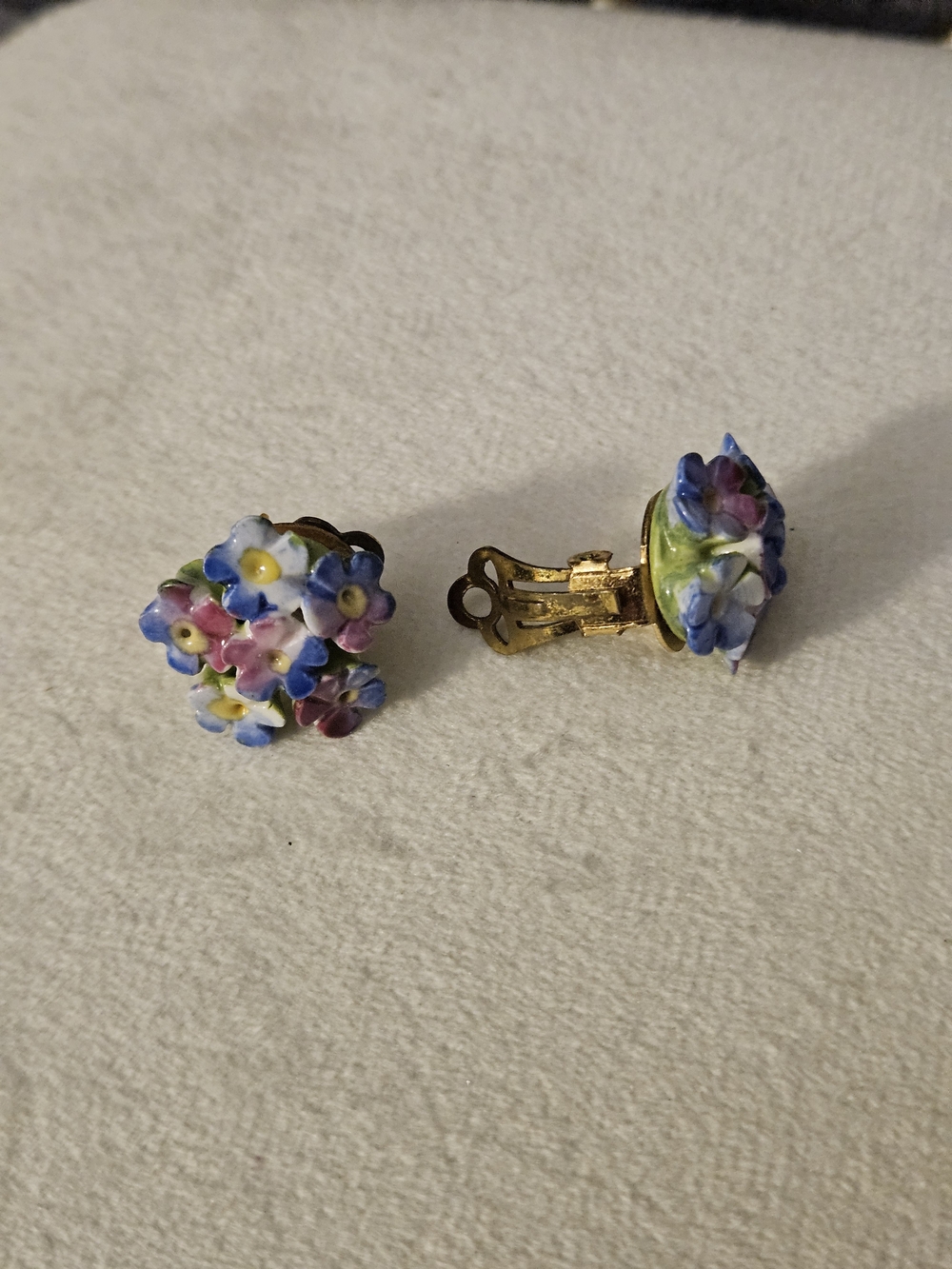 Floral Porcelain Cluster Clip-On Earrings - Blue & Pink